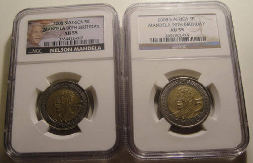 2 x Nelson Mandela 90th Birthday (2008) R5 coins : NGC graded AU 55 (Old & New holders)