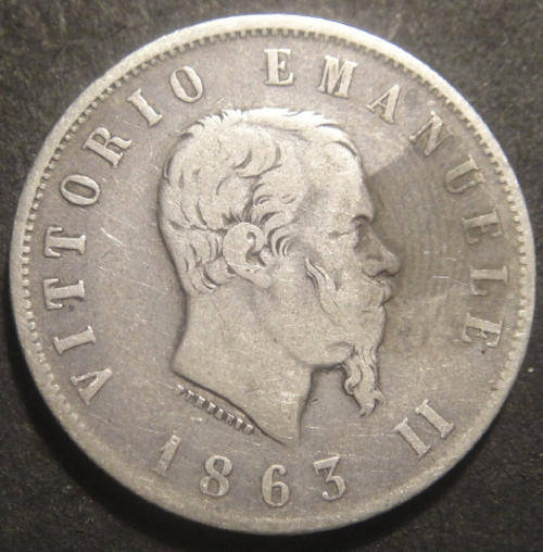 Italy : SILVER 2-LIRE 1863T BN (the scarce issue)  NOT 1863N BN