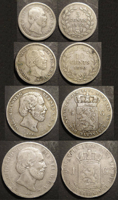 WORLD SILVER : Netherlands : King Willem III : 5c, 10c Half and Full Gulden (1850 to 1890)