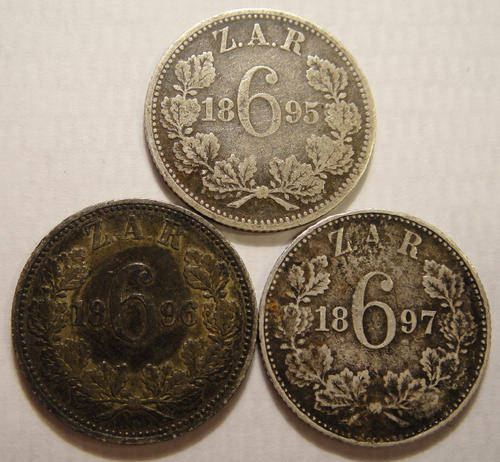Trio of Darkly Toned Sixpences of Paul Kruger Z.A.R. (1895, 1896 & 1897)