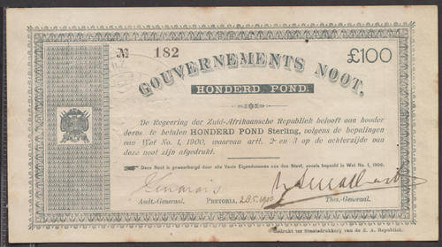 Zuid Afrikaansche Republiek : Boer War Issue : Pretoria 28.5. 1900 : Hundred (100) Pounds