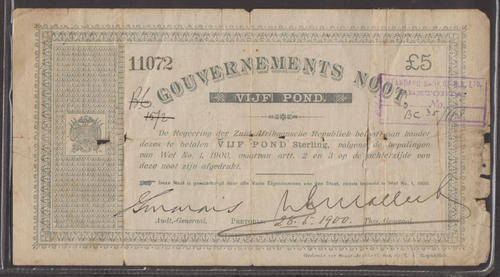 Zuid Afrikaansche Republiek : Boer War Issue : Pretoria 28.5. 1900 : Vijf (5) Pond
