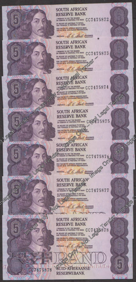 Republic of South Africa : Chris Stals Five Rand Serial Number Run (CC7475872 to CC7475878)