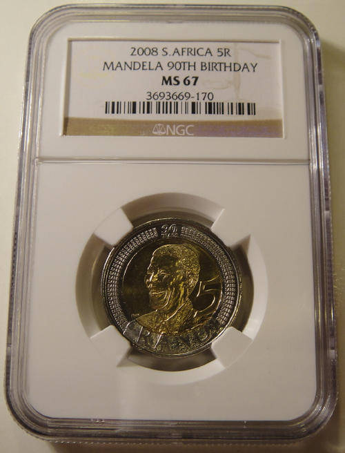 2008 Nelson Mandela 90th Birthday R5 Coin : NGC Graded MS67