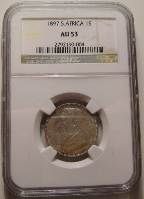 1897 Paul Kruger ZAR Shilling (1/-) : NGC graded AU53 (Almost Uncirculated)