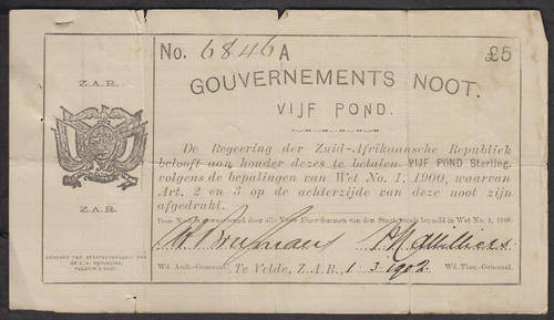 Z.A.R. Anglo-Boer War Emergency 1902 TE VELDE Vijf (5) Pond
