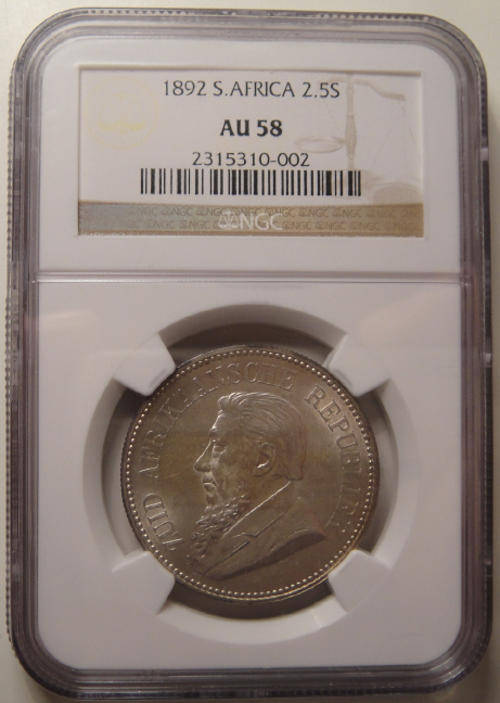 1892 Half Crown (2/6-) : Paul Kruger ZAR : NGC Graded AU58