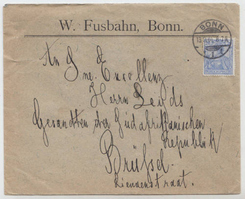 Anglo Boer War Period: 13 November 1901: Cover to Dr. W.J. Leyds (ZAR special envoy in Europe)