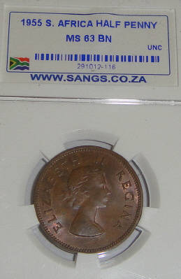 1955 Half Penny : Sangs graded MS63 BN