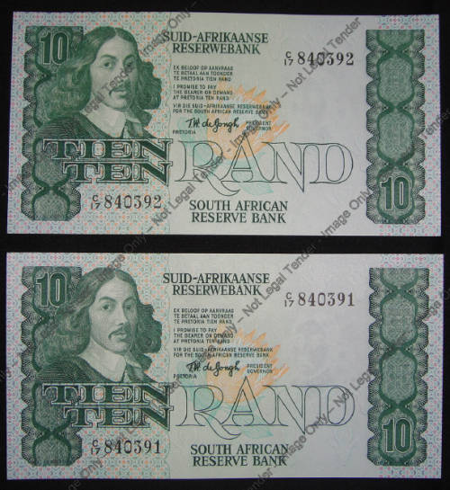 Two Consecutive Serial Number R10 Notes of T.W. de Jongh of 1978 (C17)