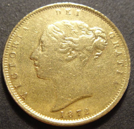 1872 GOLD Victorian Half Sovereign (Young Head & Shield back)