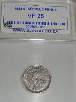 1928 Tickey (3d) : Union of South Africa : Sangs graded VF25
