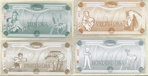 Complete Set of Orania Notes: Commemorative Issue number thirteen: 10, 20, 50 and 100 Ora Notes.