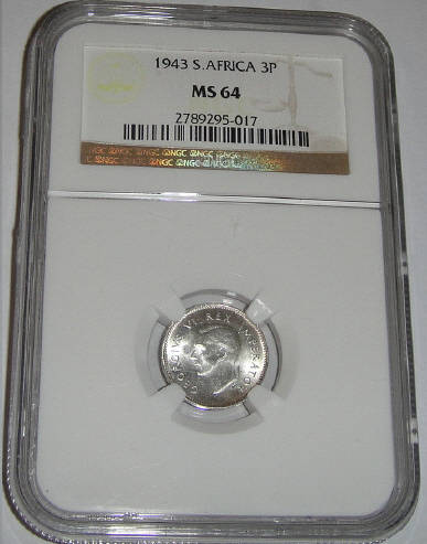 1943 Tickey (3d) : Union of South Africa : NGC graded MS64 (MINT STATE)