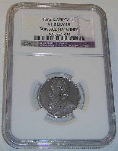 1892 Shilling (1/-) : Paul Kruger ZAR: NGC graded VF details