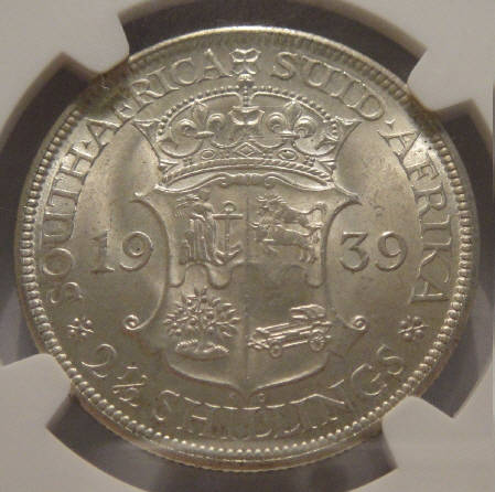 1939 Half Crown (2/6-) : Union of South Africa: NGC graded MS62 (MINT STATE)