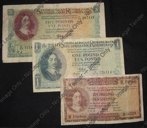 Set of large Jan van Riebeeck Banknotes of the 1950s (Shillings & Pounds)