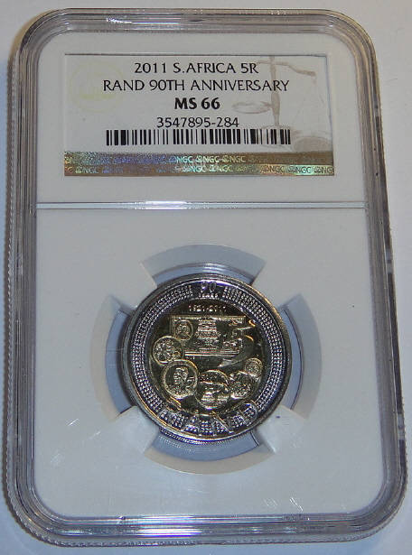 2011 South African Reserve Bank 90th Anniversary R5 : NGC graded MS66