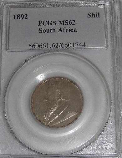 1892 Paul Kruger ZAR Shilling: PCGS graded MS62 (Mint State)