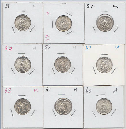 Nine Sixpences and silver 5c pieces of the Union & Republic of South Africa