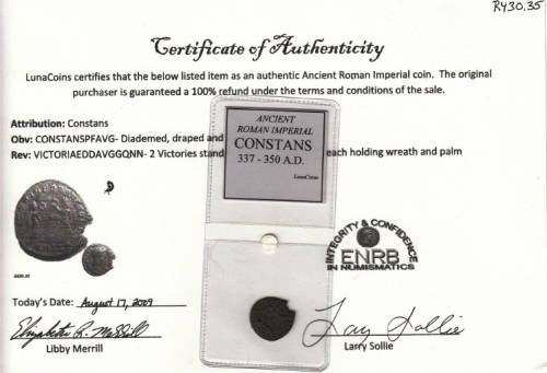 Ancient Rome: Emperor Constans Coin (337-350 A.D.) with Certificate of Authenticity