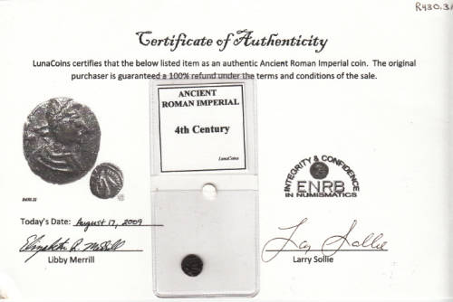 Ancient Rome: 4th Century Roman Imperial Coin with Certificate of Authenticity