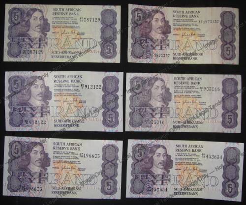 Six Jan van Riebeeck R5 notes of the 1980s