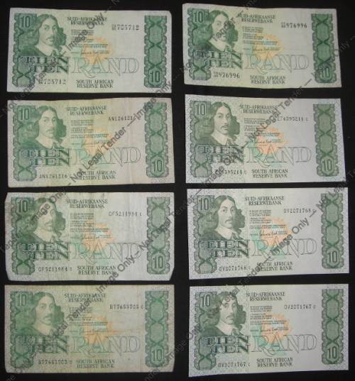 Eight Jan van Riebeeck R10 notes of the 1980s