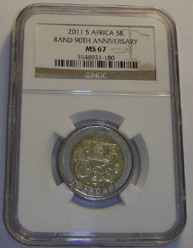 South African Reserve Bank 90th Birthday R5 of 2011 : NGC Graded MS67