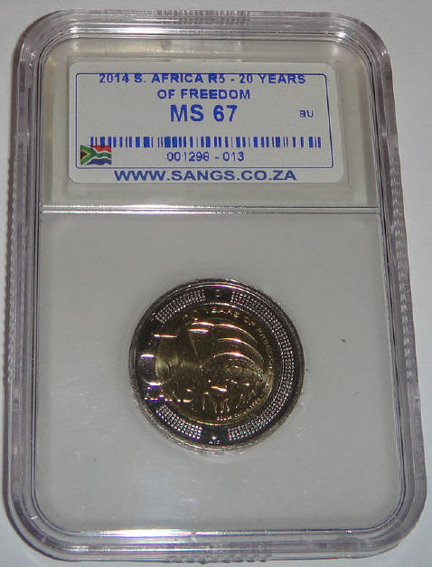 Republic of South Africa : Twenty Years of Freedom R5 of 2014 : Sangs graded MS67
