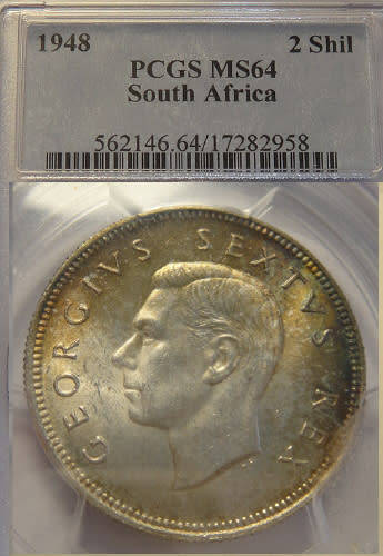 Union of South Africa : Two Shilling (2/-) of 1948 : PCGS graded MS64