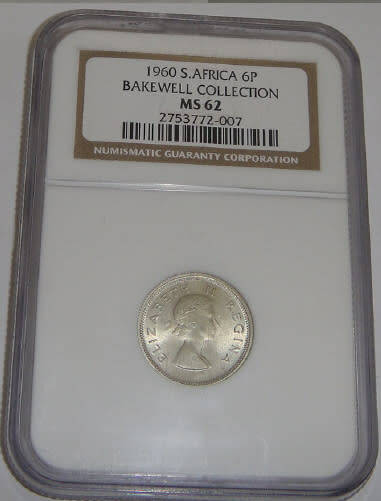 Union of South Africa : Sixpence (6d) of 1960 : NGC graded MS62