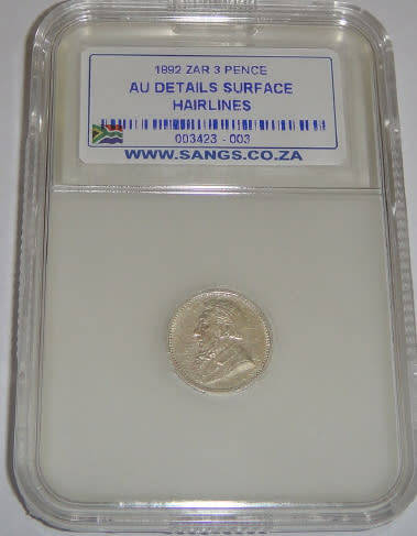 Paul Kruger ZAR : Three Pence (3d) of 1892 : Sangs graded AU details