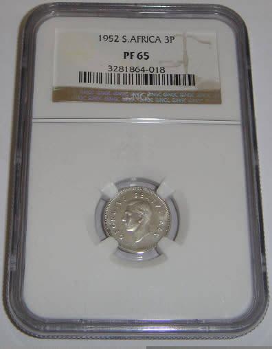 Union of South Africa : Three Pence (3d) of 1952 : NGC graded PF65