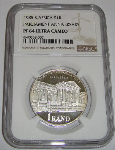 Republic of South Africa: Silver R1 of 1985 (Parliament Anniversary) NGC graded PF 64 Ultra Cameo