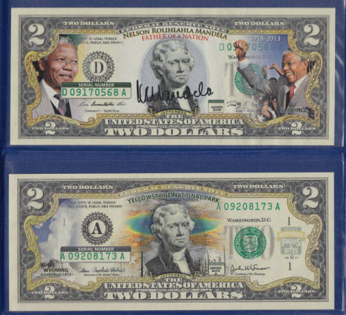 Two Colorized $2 Commemorative USA Bank Notes: Nelson Mandela & Yellowstone National Park