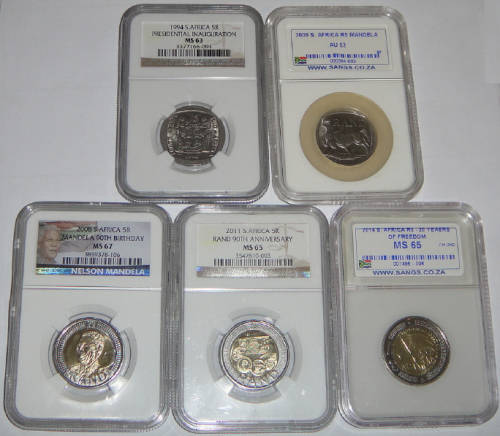 Republic of South Africa : Five Different Encapsulated & Graded R5 Coins