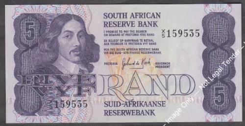 Republic of South Africa: G de Kock X5 Replacement R5 note of 1981 (RARE CV R10 000+)