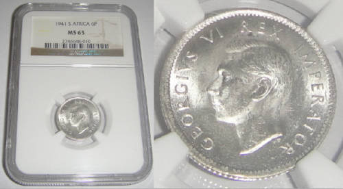 Union of South Africa : Sixpence (6d) of 1941 : NGC graded MS63