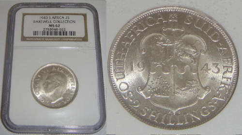 Union of South Africa : Two Shillings (2/-) of 1943 : NGC graded MS62