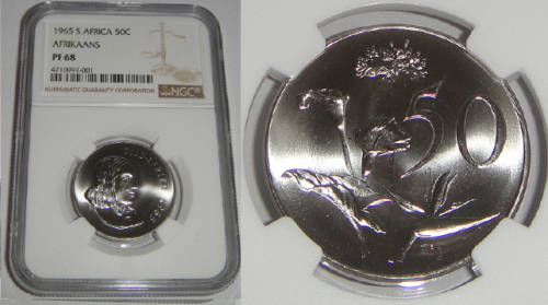 Republic of South Africa : Fifty Cent (50c) of 1965 (Afrikaans) : NGC graded PF 68