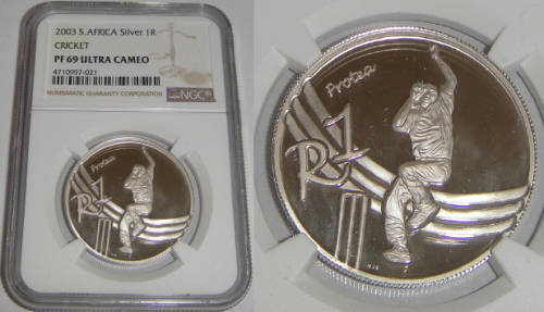 Republic of South Africa : Silver R1 of 2003 (Cricket) : NGC graded PF 69 Ultra Cameo