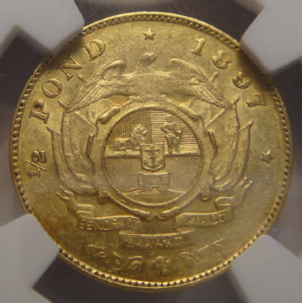Paul Kruger ZAR : GOLD HALF POND of 1897 : NGC graded AU 55