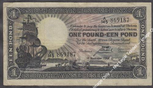 Union  of South Africa : J Postmus : One Pound Bank Note of 14 November 1944