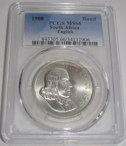 Republic of South Africa : Silver R1 of 1968 (English) : PCGS graded MS 66 (Exceptional Grade)