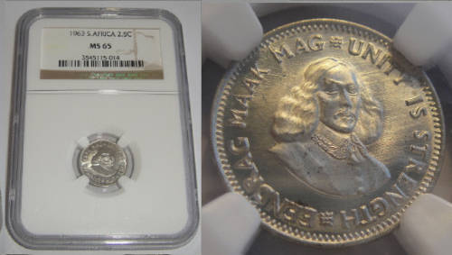 Republic of South Africa : Silver 2.5c (Tickey) of 1963 : NGC graded MS 65