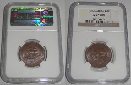 Union of South Africa : Half Penny of 1945 : NGC graded MS 63 BN