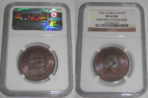Union of South Africa : Penny of 1956 : NGC graded MS 65 RB