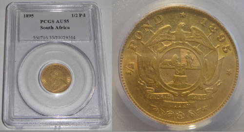 Paul Kruger ZAR : GOLD HALF POND of 1895 : PCGS graded AU 55