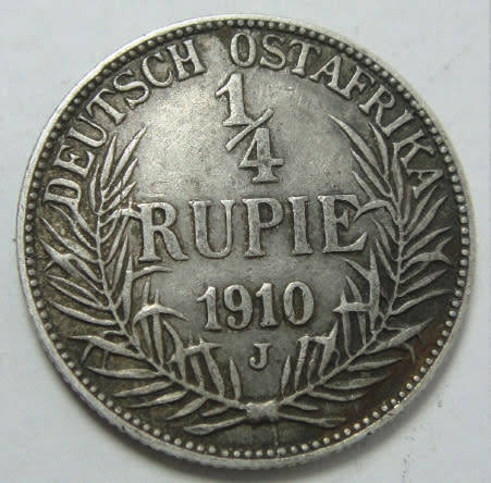 German East Africa (Deutsch-Ostafrika) : Quarter Rupee of 1910 (J)